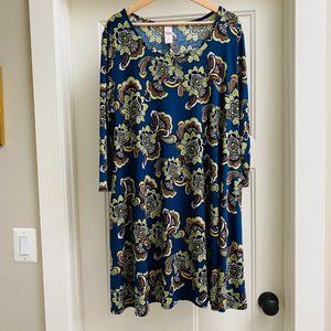 Pink Coconut Boutique Blue Floral Paisley Long Sleeve Casual Swing Dress XL